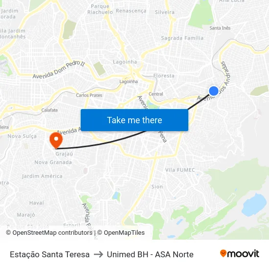 Estação Santa Teresa to Unimed BH - ASA Norte map