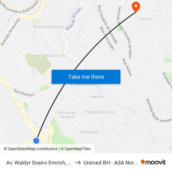 Av. Waldyr Soeiro Emrich, 71 to Unimed BH - ASA Norte map