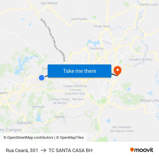 Rua Ceará, 301 to TC SANTA CASA BH map