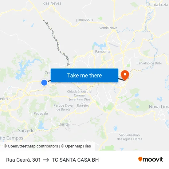 Rua Ceará, 301 to TC SANTA CASA BH map