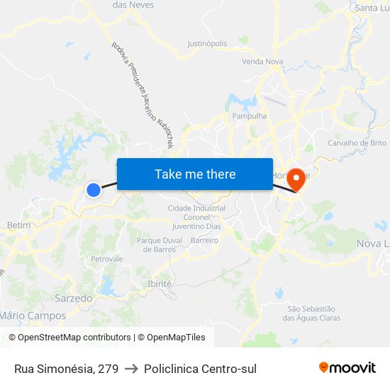 Rua Simonésia, 279 to Policlinica Centro-sul map
