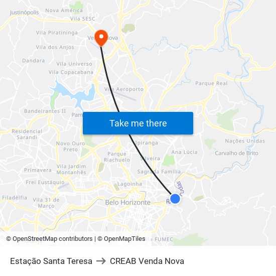 Estação Santa Teresa to CREAB Venda Nova map