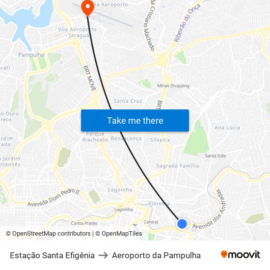 Estação Santa Efigênia to Aeroporto da Pampulha map