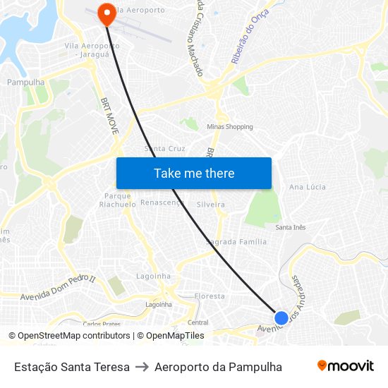 Estação Santa Teresa to Aeroporto da Pampulha map