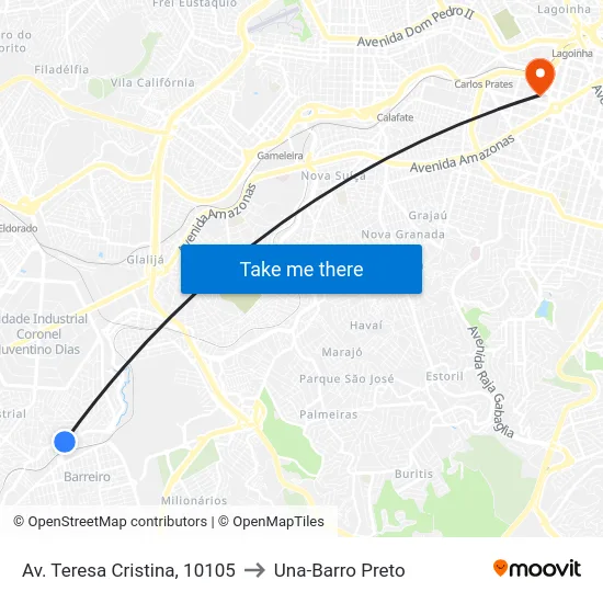 Av. Teresa Cristina, 10105 to Una-Barro Preto map