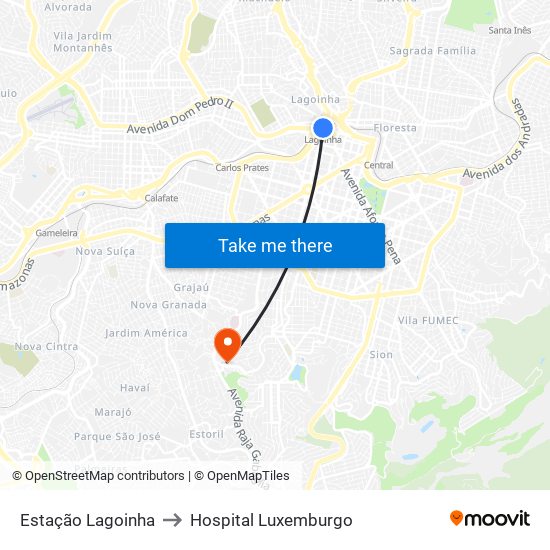 Estação Lagoinha to Hospital Luxemburgo map