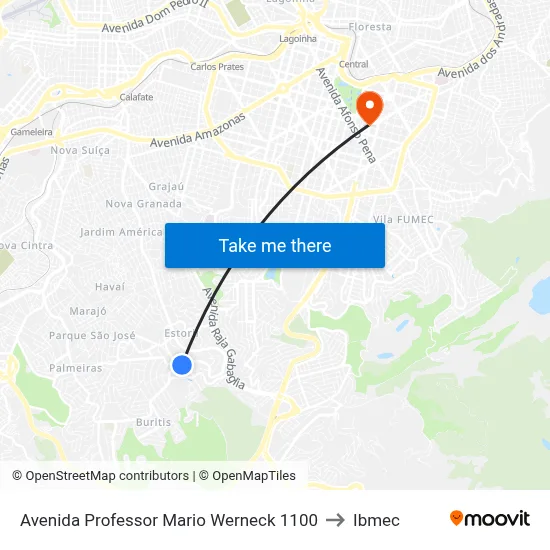 Avenida Professor Mario Werneck 1100 to Ibmec map