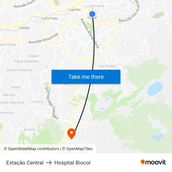 Estação Central to Hospital Biocor map