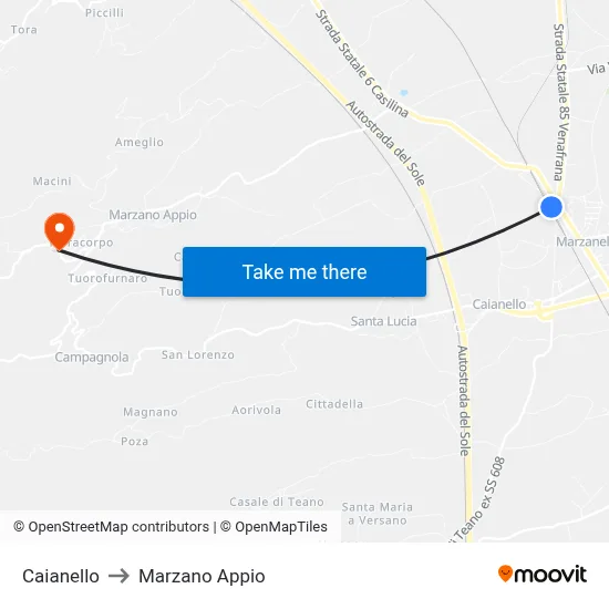 Caianello to Marzano Appio map