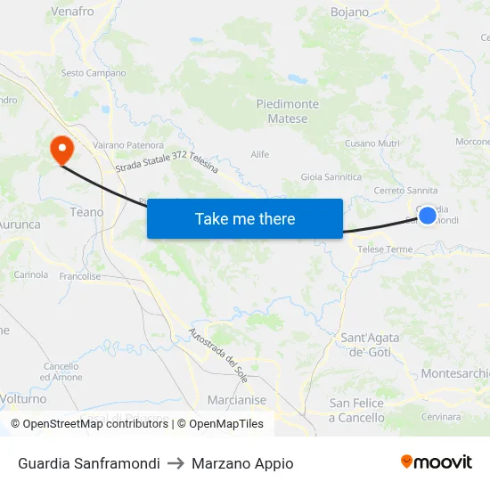 Guardia Sanframondi to Marzano Appio map