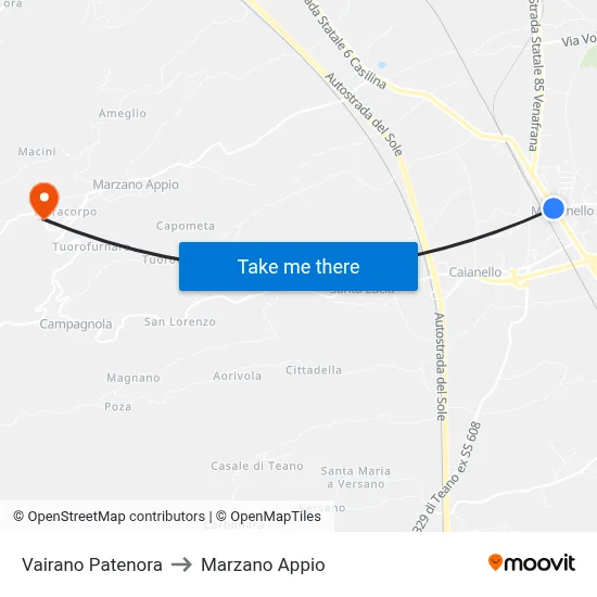 Vairano Patenora to Marzano Appio map
