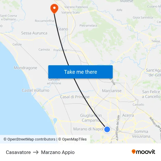 Casavatore to Marzano Appio map