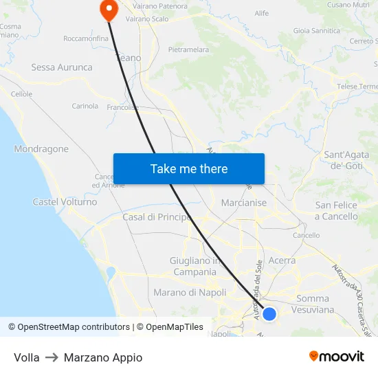 Volla to Marzano Appio map