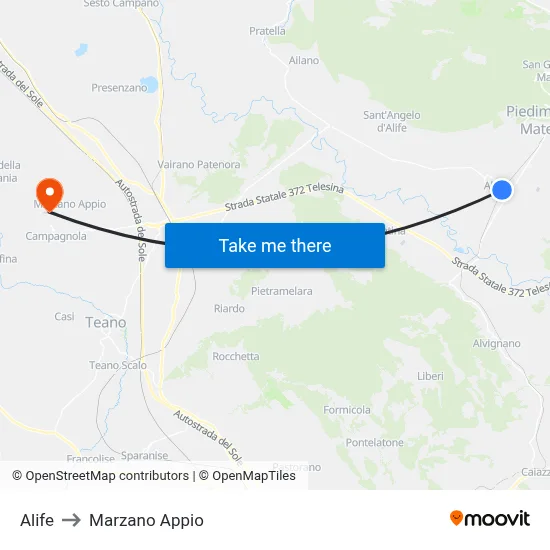 Alife to Marzano Appio map
