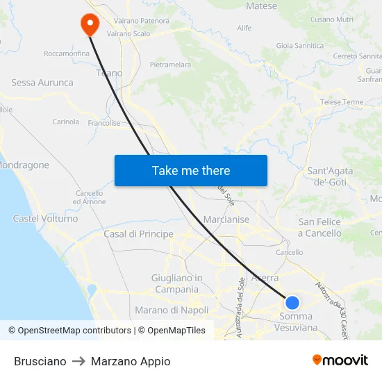 Brusciano to Marzano Appio map