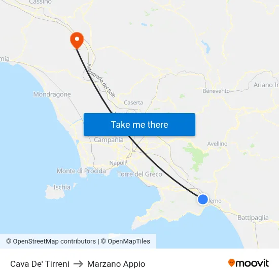 Cava De' Tirreni to Marzano Appio map