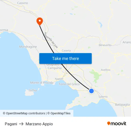 Pagani to Marzano Appio map
