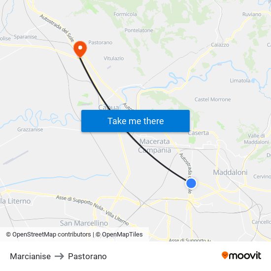 Marcianise to Pastorano map