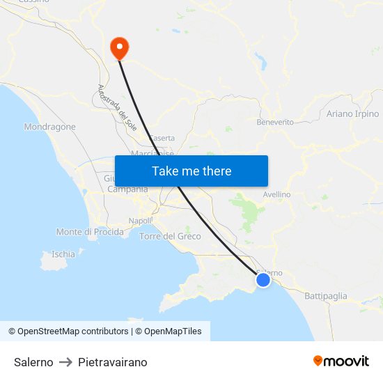 Salerno to Pietravairano map