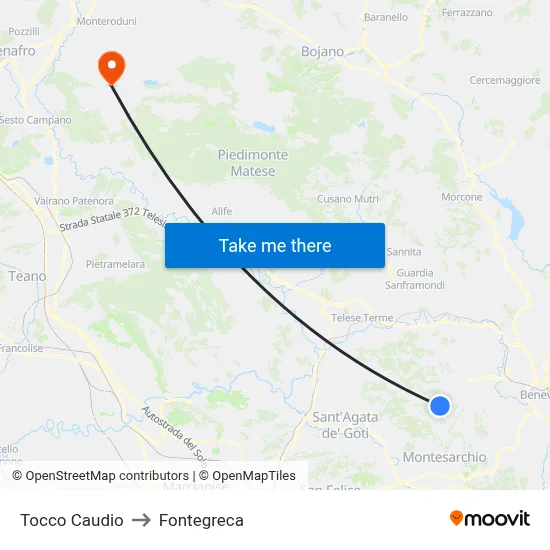 Tocco Caudio to Fontegreca map