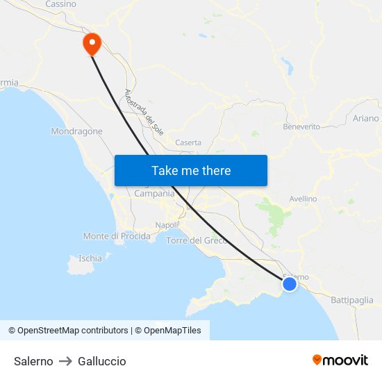 Salerno to Galluccio map