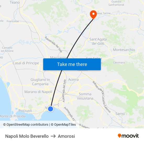 Napoli Molo Beverello to Amorosi map
