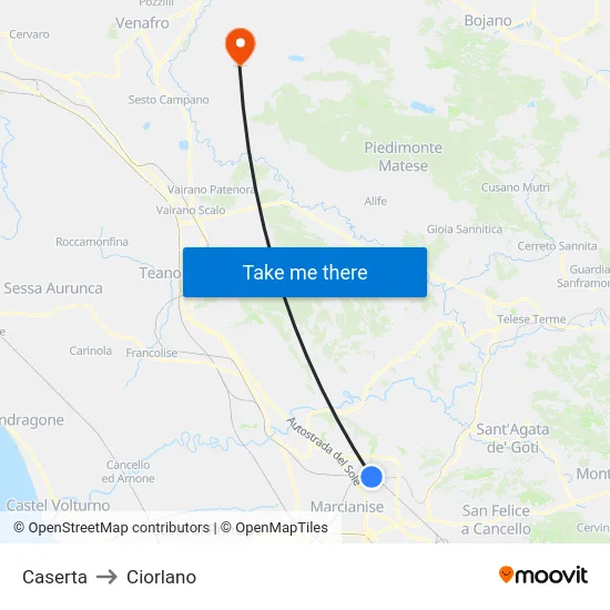 Caserta to Ciorlano map