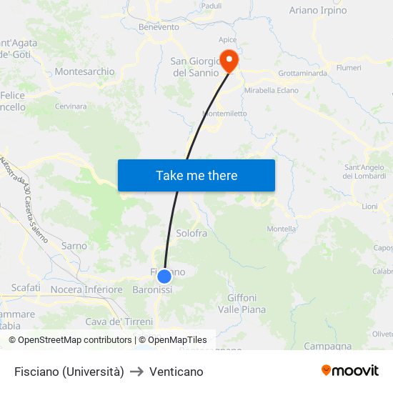 Fisciano (Università) to Venticano map