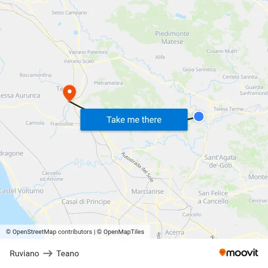 Ruviano to Teano map