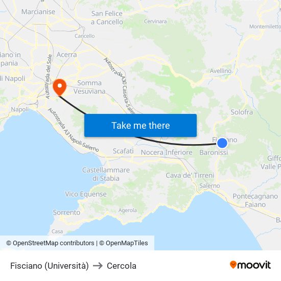 Fisciano (Università) to Cercola map