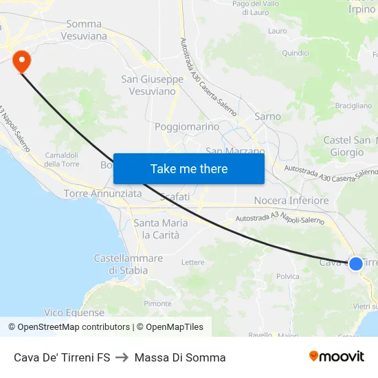 Cava De' Tirreni FS to Massa Di Somma map