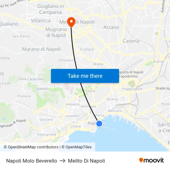 Naples Beverello Pier to Melito Di Napoli map