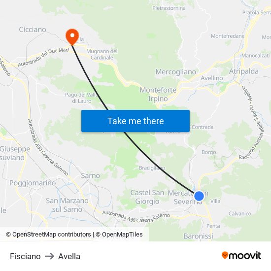 Fisciano to Avella map