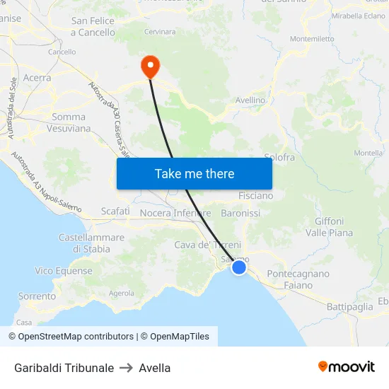 Garibaldi Tribunale to Avella map