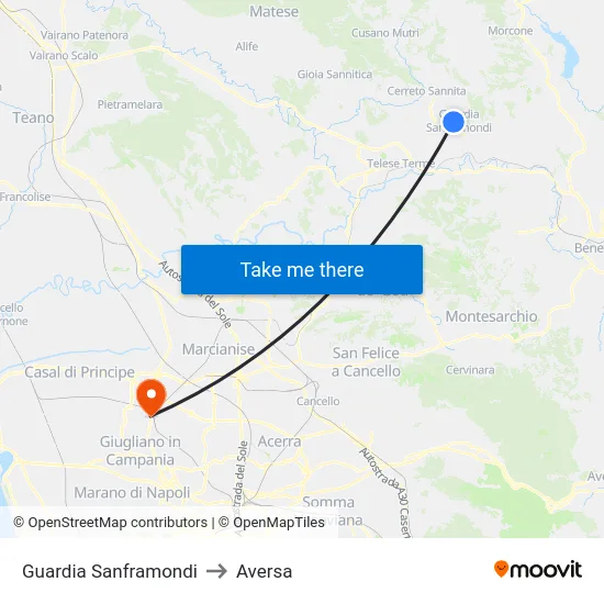 Guardia Sanframondi to Aversa map