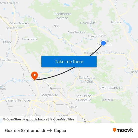 Guardia Sanframondi to Capua map