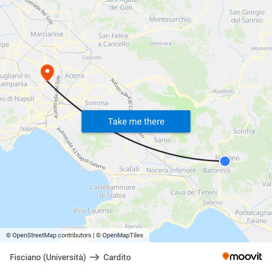 Fisciano (Università) to Cardito map