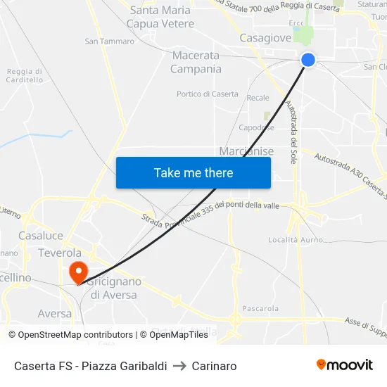 Caserta Station - Garibaldi Square to Carinaro map