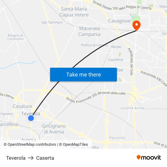 Teverola to Caserta map