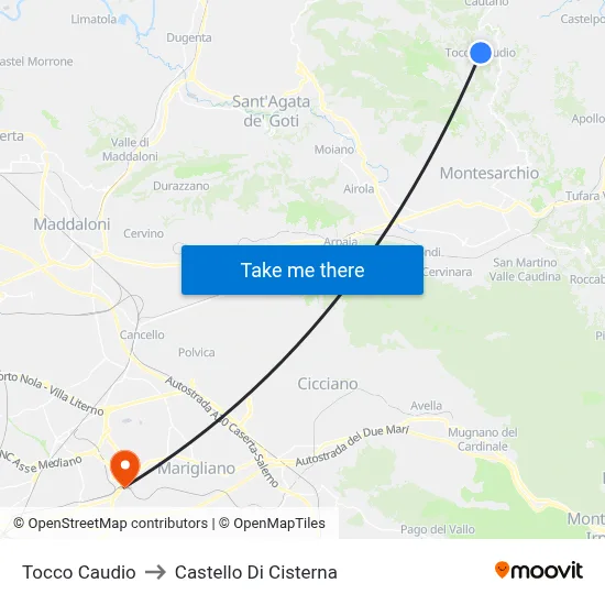 Tocco Caudio to Cisterna Castle map