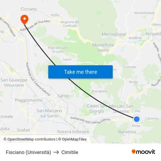 Fisciano (Università) to Cimitile map