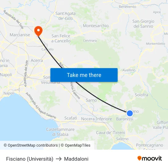 Fisciano (Università) to Maddaloni map