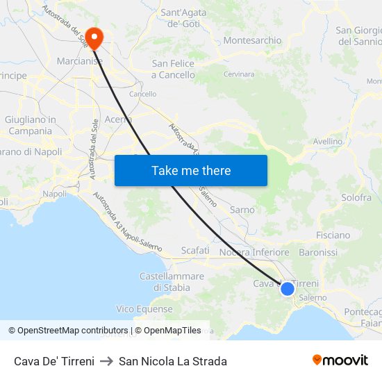 Cava De' Tirreni to San Nicola La Strada map