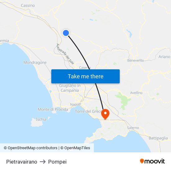 Pietravairano to Pompei map