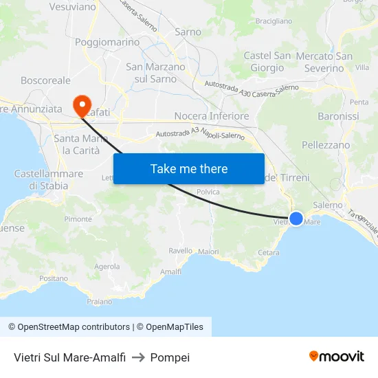 Vietri Sul Mare-Amalfi to Pompei map