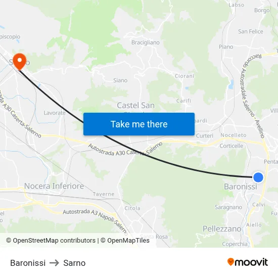 Baronissi to Sarno map