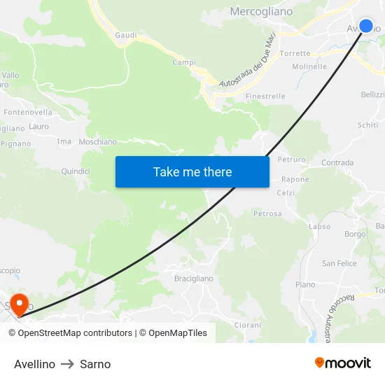 Avellino to Sarno map
