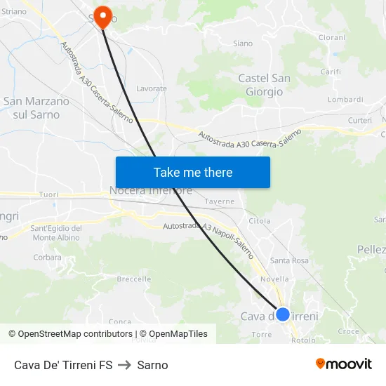 Cava De' Tirreni FS to Sarno map