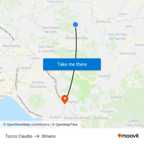 Tocco Caudio to Striano map