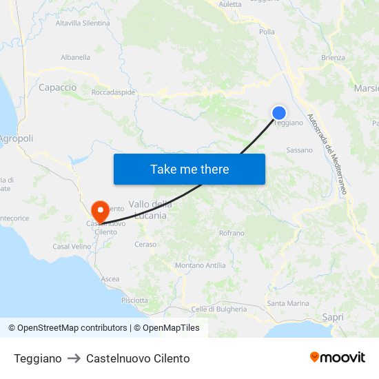 Teggiano to Castelnuovo Cilento map
